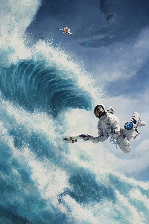 Image similar to a beautiful digital painting of an astronaut in a white space suit surfing the great wave on a surfboard by greg rutkowski, photorealistic, trending on artstation, octane render