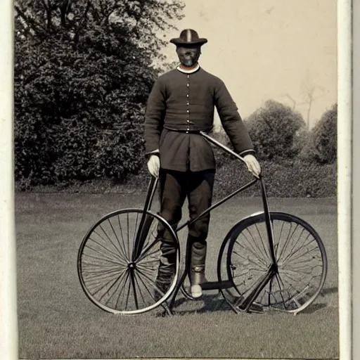 Prompt: a vintage photo of a knight in armor riding a pennyfarthing bicycle-H 768