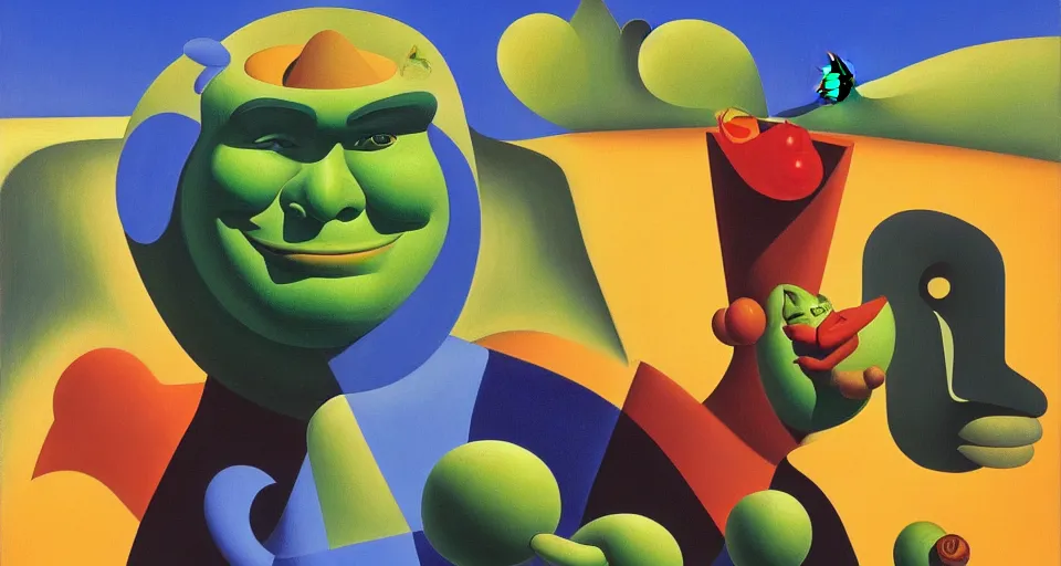 Image similar to a surrealist painting of shrek by alexandr archipenko and rene magritte and joan miro, 4 k, trending on artstation, detailed, wallpaper background, film still