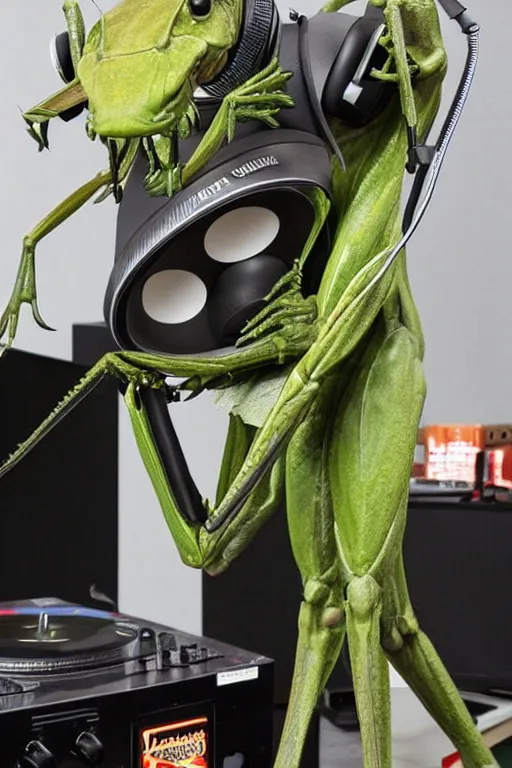 Image similar to a praying mantis kaiju DJ wearing headphones and carrying two big subwoofer speaker boxes