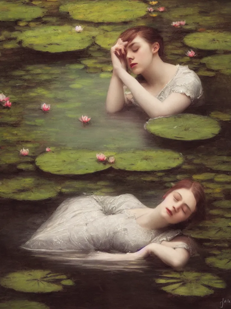 Image similar to detailed cinematic moody colors studio portrait of a victorian young lady sleeping in a victorian pond, water lilies, ofelia inspired high quality by jeremy mann, only one head single portrait