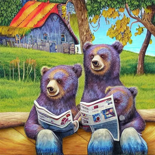 Image similar to 3 bears in tie dye shirts reading newspapers in a cottage, highly detailed, childrens fairy tale, portrait painting, illustration by scott gustafson