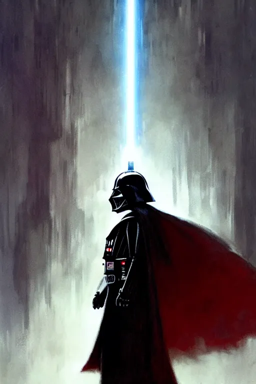 Prompt: darth vader from sideview with large shoulders, armor, dark realistic proportions concept art, ultra detailed art realistic no lightsaber, horror monet, red, ethereal horror fantasy art by greg rutkowski and magali villanueve and monet con