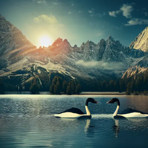 Image similar to photo of two black swans swimming in a beautiful reflective mountain lake, touching heads, forming a heart with their necks, a colorful hot air balloon is flying above the swans, hot air balloon, intricate, portrait, 8k highly professionally detailed, HDR, CGsociety, octane render, 4k