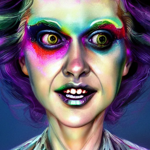 Image similar to hyperdetailed portrait of kristen schaal as delirium of the endless, colourful make up, the sandman, made by caravaggio stanley artgerm lau wlop rossdraws artstation cgsociety concept art cgsociety octane render