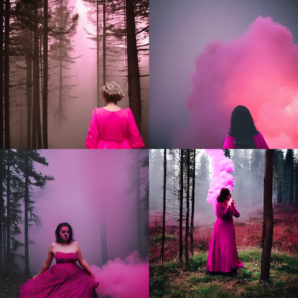 Prompt: A photography of a woman wearing a magenta dress and surrounded by lots of thick magenta smoke. In the background there is a dark forest. High contrast. Detailed. Neo noir style. Cinematic. AGFA Vista Plus 400 film. High quality.