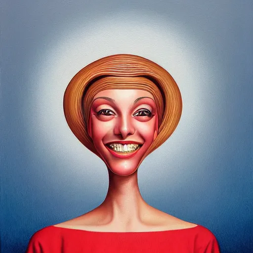 Image similar to a painting of a happy woman, an ultrafine detailed painting by rafal olbinski, behance contest winner, pop surrealism, detailed painting, very detailed, minimalist, skeuomorphic, airbrush art