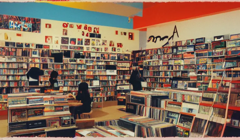 Prompt: A record store designed by Tadanori Yokoo, 35mm film, long shot
