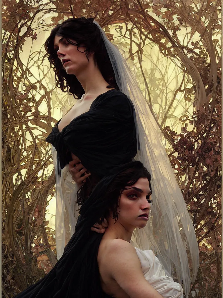 Image similar to detailed oil painting of sad bride in black under the god ray, art by artgerm and greg rutkowski and alphonse mucha