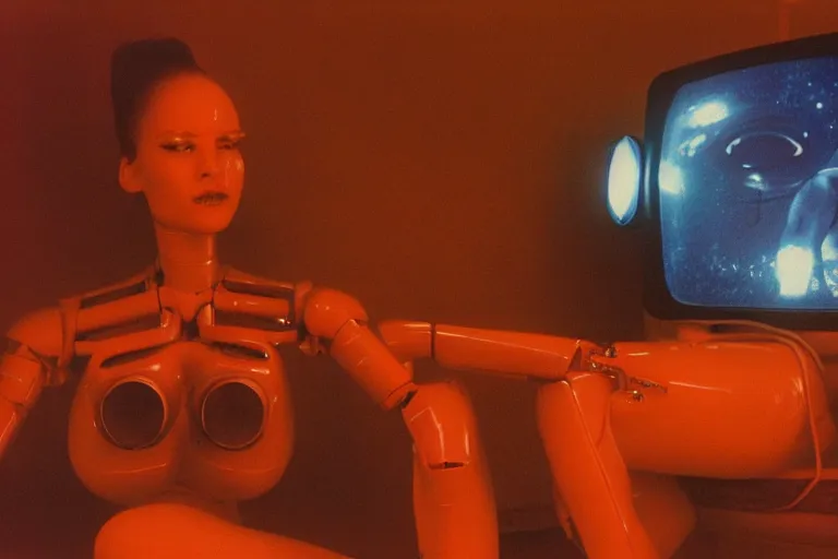 Image similar to beautiful woman robot sitting on a galaxy toilet, from 1985, bathed in the glow of a crt television, tv screens in background, low-light photograph, in style of Tyler Mitchell