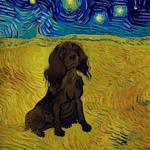 Prompt: a celestial field spaniel in space by Vincent van Gogh, visionary, masterpiece