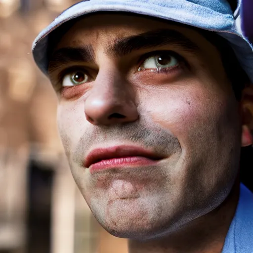 Image similar to closeup portrait of a Ben Shapiro , new york back street , by Steve McCurry and David Lazar, natural light, detailed face, CANON Eos C300, ƒ1.8, 35mm, 8K, medium-format print