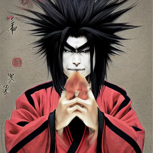 Image similar to yokai demon martial artist, handsome japanese demon boy, young adult yokai with long spiky black hair, vampiric skin, vantablack gi, red eyes, ultra realistic, intricate details, highly detailed, subsurface scattering, photorealistic, octane render, 8 k, art by artgerm, greg rutkowski, magali villeneuve, alphonse mucha