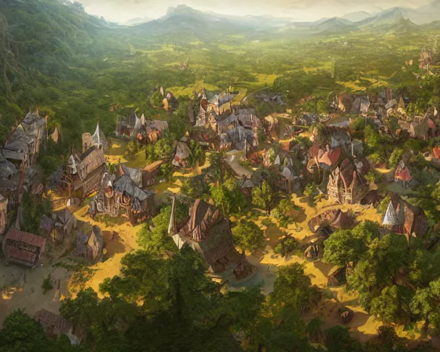 Image similar to small medieval village next to a forest, aerial view, deep focus, d & d, fantasy, intricate, elegant, highly detailed, digital painting, artstation, concept art, matte, sharp focus, illustration, hearthstone, art by artgerm and greg rutkowski and laura sava and alphonse mucha