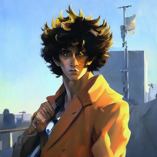 Image similar to greg manchess portrait painting of spike spiegel as overwatch character, totally whack, medium shot, asymmetrical, profile picture, organic painting, sunny day, matte painting, bold shapes, hard edges, street art, trending on artstation, by huang guangjian and gil elvgren and sachin teng