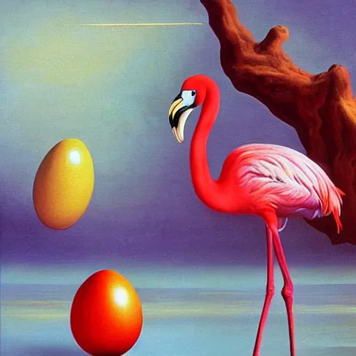 Image similar to Pair of dancing flamingos with a flying egg, oil painting by Salvador Dali.