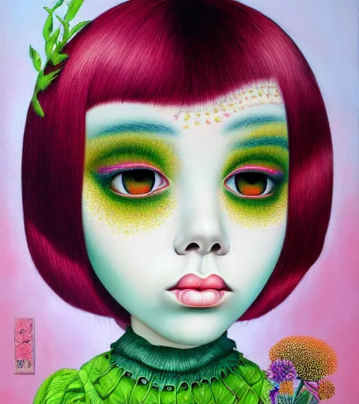 Image similar to portrait of a flowerpunk girl's face, lowbrow painting by mark ryden and hiroyuki mitsume - takahashi and margaret keane