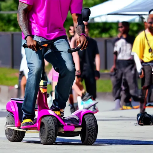 Image similar to paparazzi photo of Lebron James on a pink scooter in a skatepark, ultra high definition, professional photography, dynamic shot, smiling