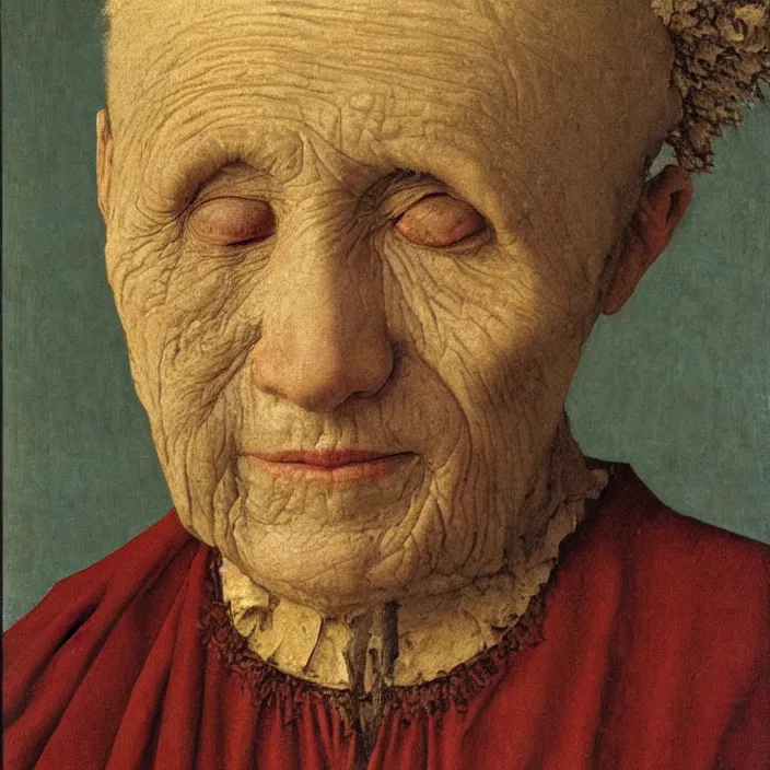 Image similar to close up frontal portrait of a dying old woman. thistle, clear gradient sky. jan van eyck