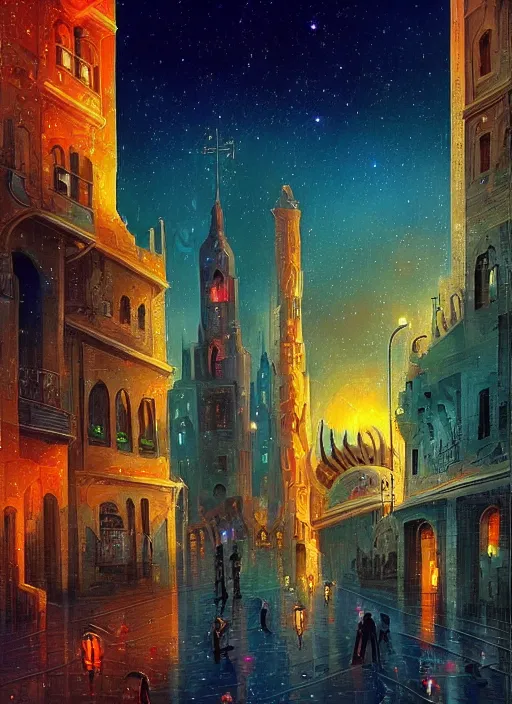 Image similar to ethereal starlit city of magic lost in time at sunset, italian futurism, art station, da vinci, hd, digital painting