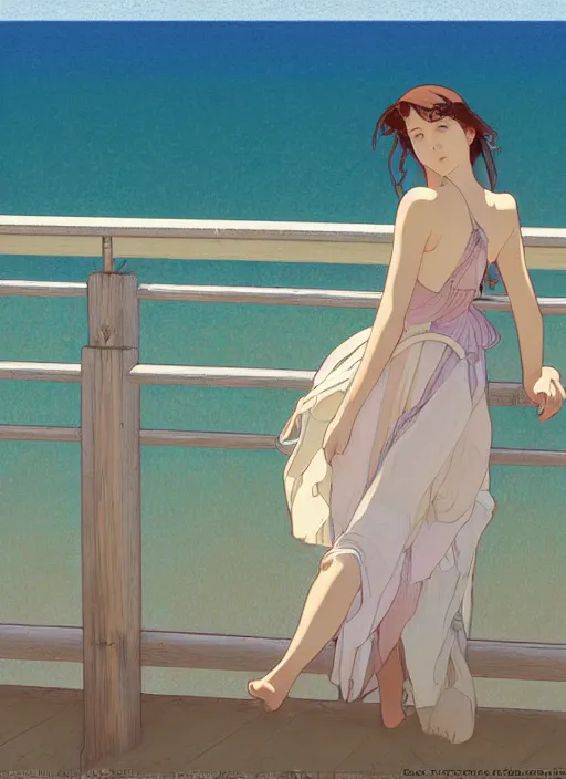 Image similar to pretty young woman leaning against the railing at the beach, path traced, highly detailed, high quality, digital painting, by studio ghibli and alphonse mucha, leesha hannigan, makoto shinkai, disney