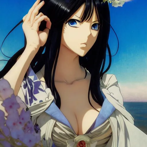 Image similar to anime portrait of nico robin by eiichiro oda!, makoto shinkai, alphonse mucha, sharp focus, art by artgerm and greg rutkowski!, harsh overhead sunlight, blue eyes!!, large aquiline nose!!, gaston bussiere, stanley kubrick, kaoru mori, intricately detailed, behance, 4 k, hdr