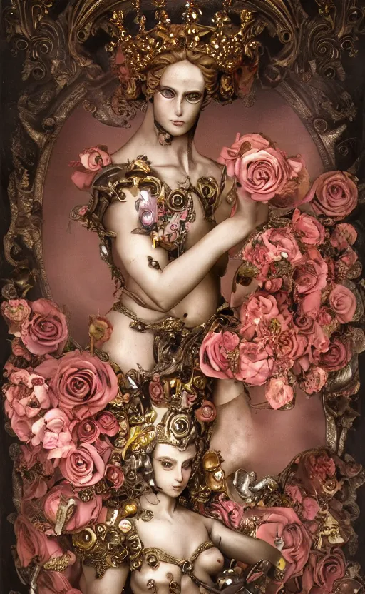 Prompt: a young beautiful Italian metal android with a large glowing pink crystal in the center of her chest, full-body bronze cyberpunk style statue of Andromeda with glowing red eyes, crown of mechanical peach roses, flowing peach silk, fabric, steampunk flowers. baroque elements, human skull. full-length view. baroque element. intricate artwork by caravaggio. many flying horses on background. Trending on artstation, octane render, cinematic lighting from the right, hyper realism, octane render, 8k, depth of field, 3D