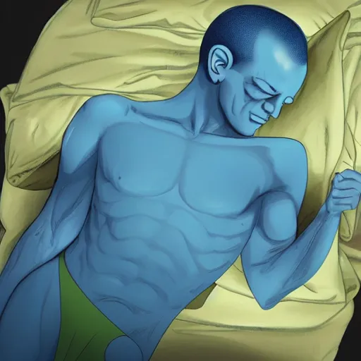 Prompt: photo of dr manhattan sleeping in bed next to yoda