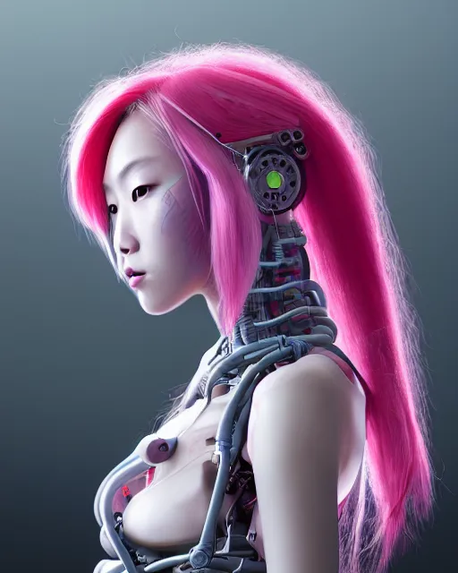 Image similar to portrait of a beautiful japanese woman with pink hair as a cyberpunk cyborg half robot, revealing wires and electronics, hooked - up, sci - fi, missing panels, intricate abstract upper body intricate artwork, concept art, octane render, deviantart, cinematic, key art, hyperrealism, iridescent accents, portrait photograph, nikon 3 5 mm, photograph by greg rutkowski