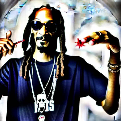 Image similar to Snoop Dog with big eyes eye color red , smiling and holding a joint in his hand