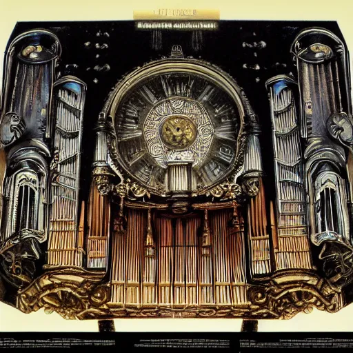 Prompt: tech noir pipe organ lp album art, intricate detail, mechanical, baroque oil painting by alan lee and jim burns, wild west architecture