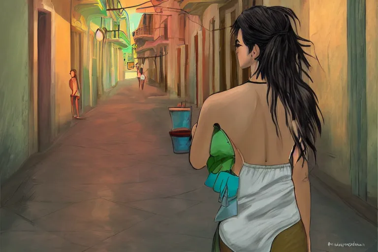 Image similar to concept art, cuban woman in havana, from behind, digital anime art, good lighting,