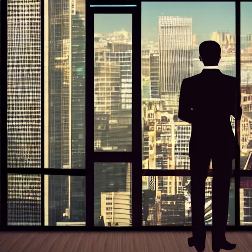 Prompt: a business cat in a suit, looking out at a skyline from a penthouse suite, cinematic, movie screenshot,