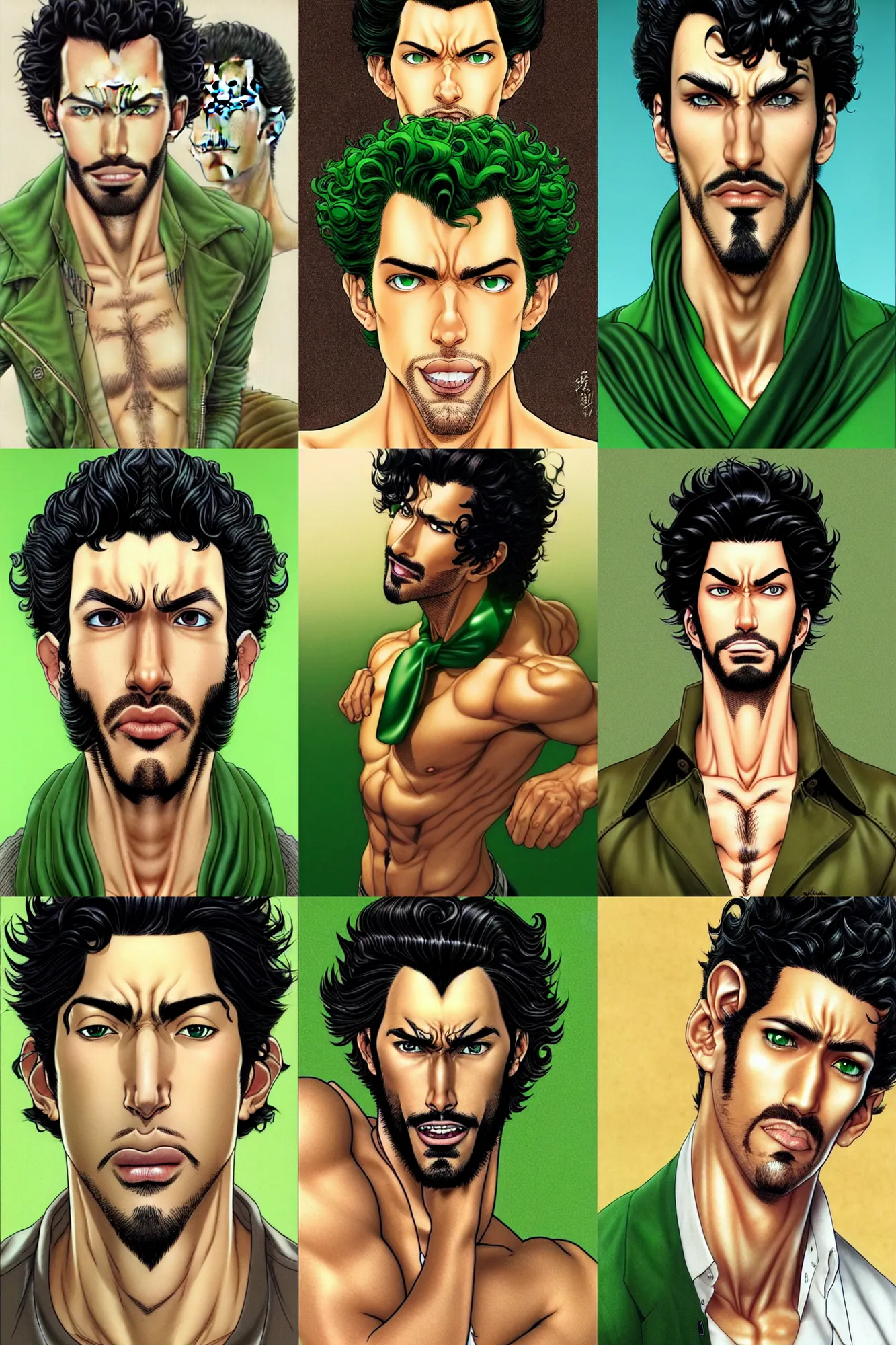 Prompt: handsome!! hyper realistic man with curly black hair, tan skin, green eyes, anchor goatee | art by hirohiko araki & jean giraud & artgerm