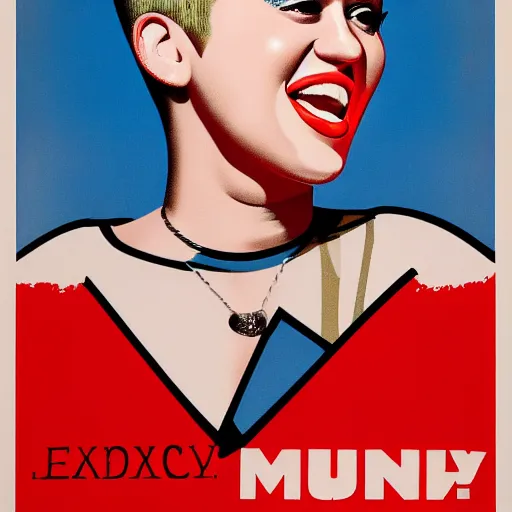 Image similar to propaganda poster, miley cyrus, close up, portrait, shouting