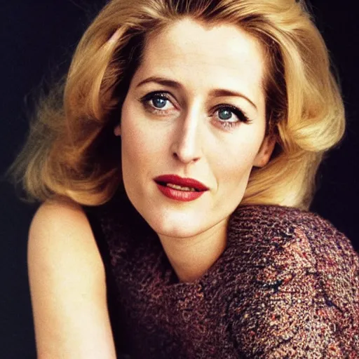 Image similar to photo of a gorgeous 30-year-old Gillian Anderson with a 1970s hairstyle by Mario Testino, detailed, head shot, award winning, Sony a7R -