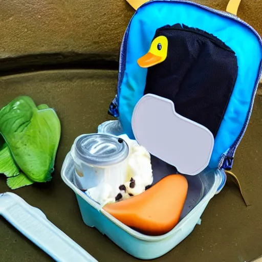 Prompt: a backpack full of yoghurt and a duck swimming in it