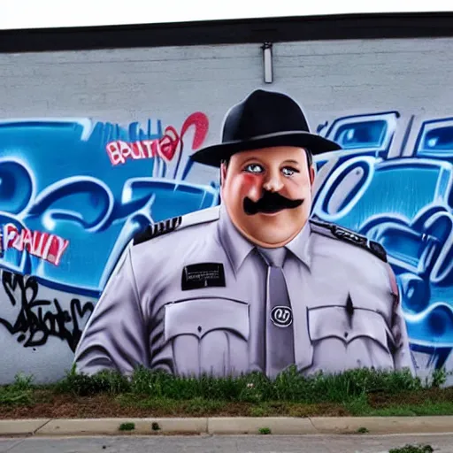 Prompt: graffiti of paul blart on side of pepsi factory