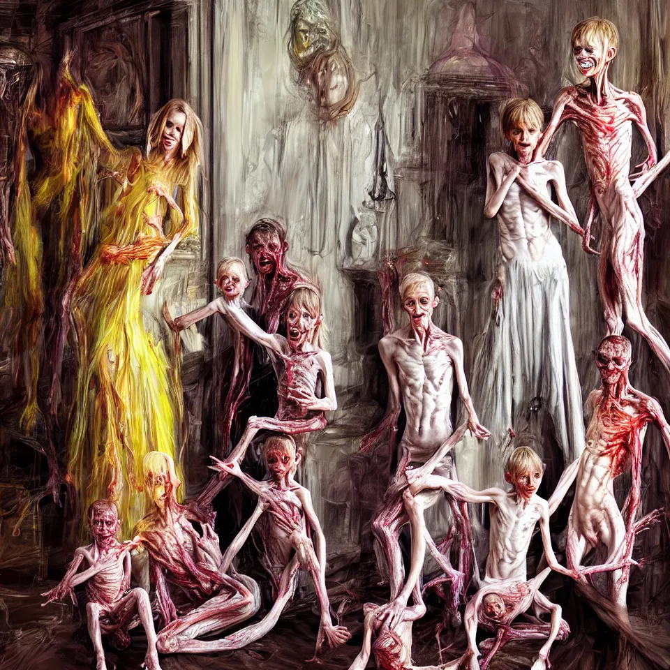 Image similar to bright realistic anorexic family turning into a god and smiling franticly, old apartment, rotten flesh, diffuse lighting, fantasy, intricate, elegant, highly detailed, lifelike, photorealistic, digital painting, artstation, illustration, concept art, smooth, sharp focus, art by francis bacon and jenny saville