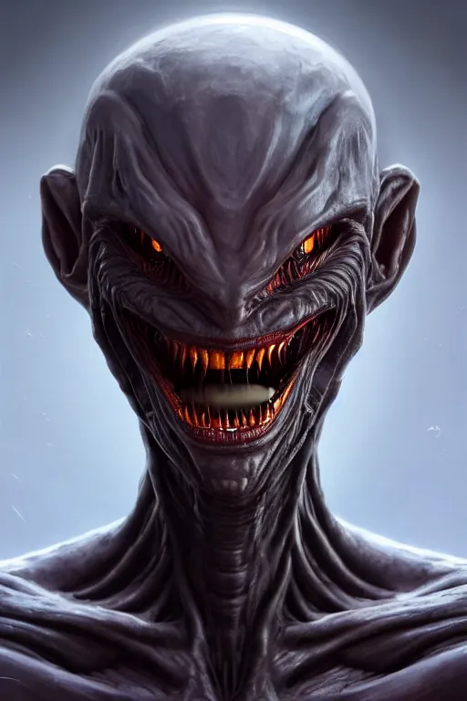 Image similar to Portrait of a Scary Alien with an evil grin, wide angle, super highly detailed, professional digital painting, artstation, concept art, smooth, sharp focus, no blur, no dof, extreme illustration, Unreal Engine 5, Photorealism, HD quality, 8k resolution, cinema 4d, 3D, beautiful, cinematic, art by artgerm and greg rutkowski and alphonse mucha and loish and WLOP