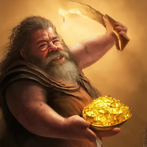 Prompt: portrait of an excited dwarf hugging the humongous raw, unrefined gold nugget, lump of native gold, realistic, beautiful, fantasy art, dnd, lord of the rings, mid - shot, moody lighting, by greg rutkowski, wlop, artgerm, concept art, sharp focus, ray tracing