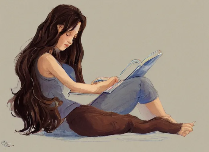 Prompt: a girl with wavy brown hair sitting on her bed studying. the bedroom floor is full of snakes painting trending on artstation