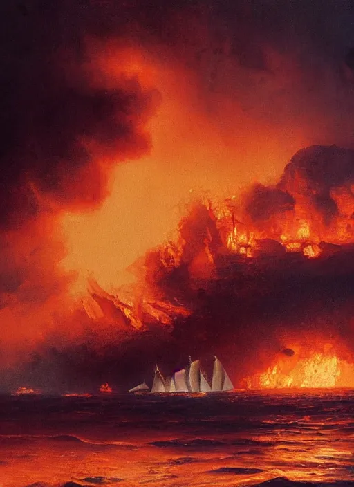 Prompt: painting of a ship burning in heavy flames in the middle of the ocean, a detailed matte painting by vilhelm lundstrøm, cgsociety, neo - romanticism, chillwave, matte drawing, official art