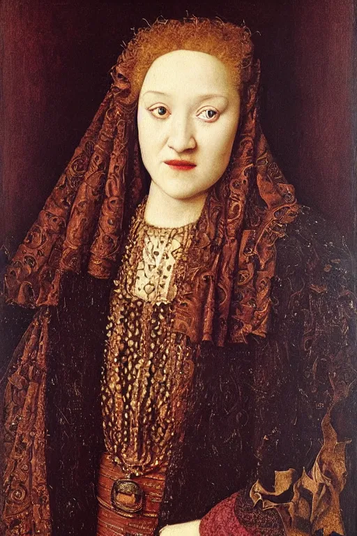 Prompt: portrait of julia garner, oil painting by jan van eyck, northern renaissance art, oil on canvas, wet - on - wet technique, realistic, expressive emotions, intricate textures, illusionistic detail