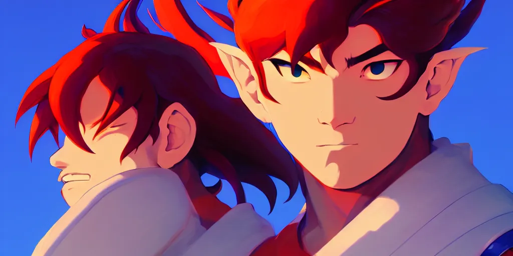 Image similar to low angle portrait of Ryu from Breath of Fire 4, tepainting concept Blizzard pixar maya engine on stylized background splash comics global illumination lighting artstation lois van baarle, ilya kuvshinov, rossdraws