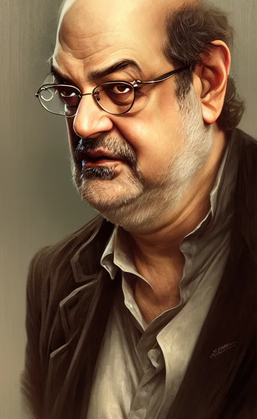 Image similar to portrait of salman rushdie, deep focus, d & d, fantasy, intricate, elegant, highly detailed, digital painting, artstation, concept art, matte, sharp focus, illustration, art by artgerm and greg rutkowski and alphonse mucha