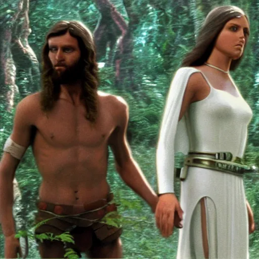 Prompt: a film still of adam and eve ( from the bible ) in star wars 1 9 7 7, realistic, photorealistic