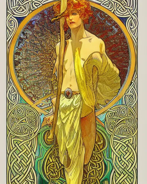 Image similar to an art nouveau painting of a the celtic god lugh, beautiful, shining sun, highly detailed, intricate, artstation, by alphonse mucha and james gurney