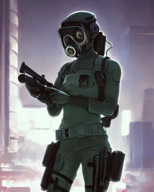 Image similar to anime key visual of a young female swat officer, neon, gas mask, cyberpunk, futuristic, stunning, highly detailed, digital painting, artstation, smooth, soft focus, illustration, art by artgerm and greg rutkowski and alphonse mucha