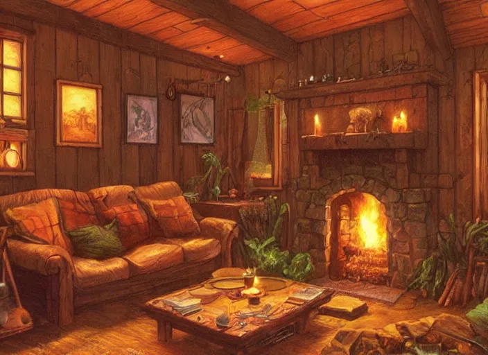 Image similar to the living room of a cozy wooden house with a fireplace, at night, interior design, d & d concept art, d & d wallpaper, warm, digital art. art by james gurney and larry elmore.